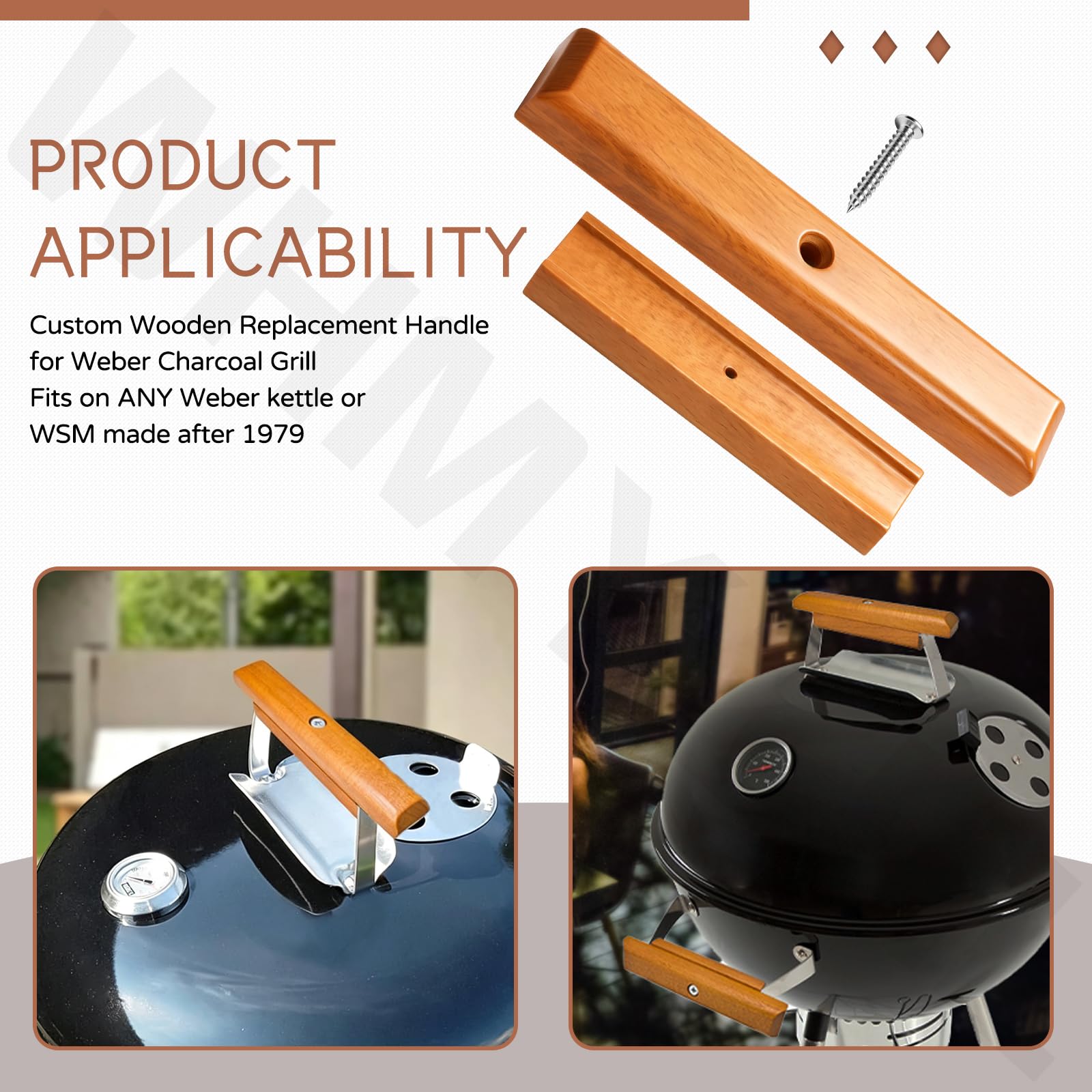 Custom Wooden Replacement Handle for Weber Charcoal Grill - with